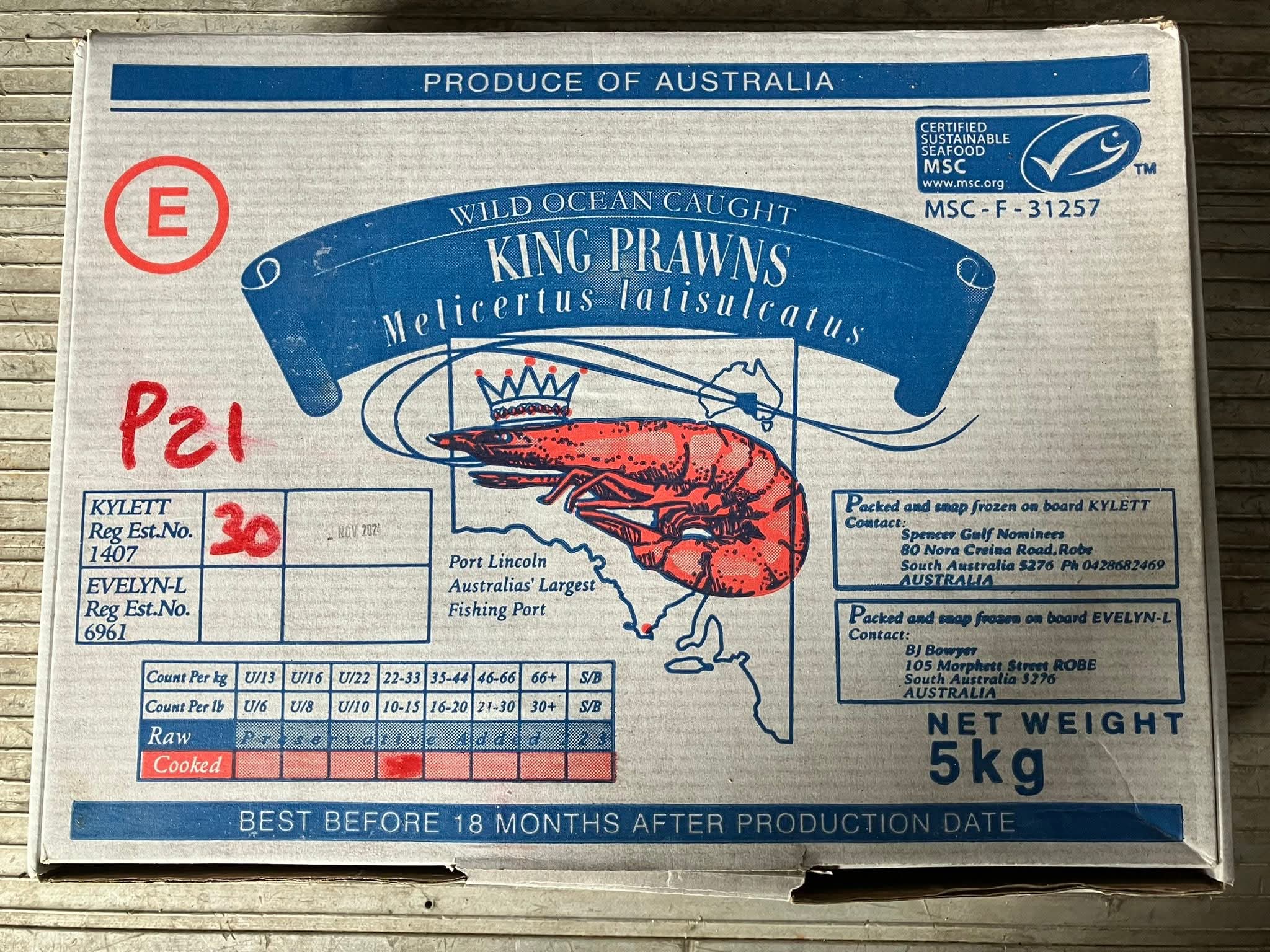 PORT LINCOLN COOKED WHOLE PRAWNS FROZEN 5KG